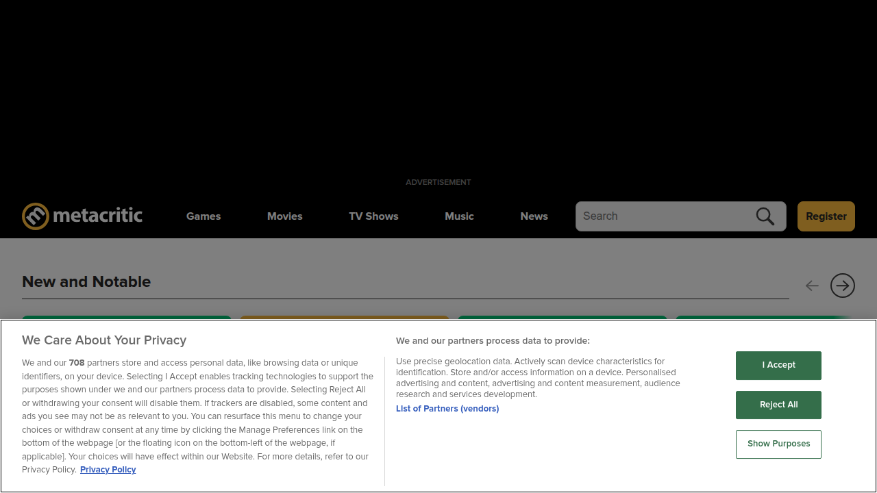 A screenshot of the Metacritic website, demonstrating its role as an aggregator for critical and user reviews across various entertainment media.