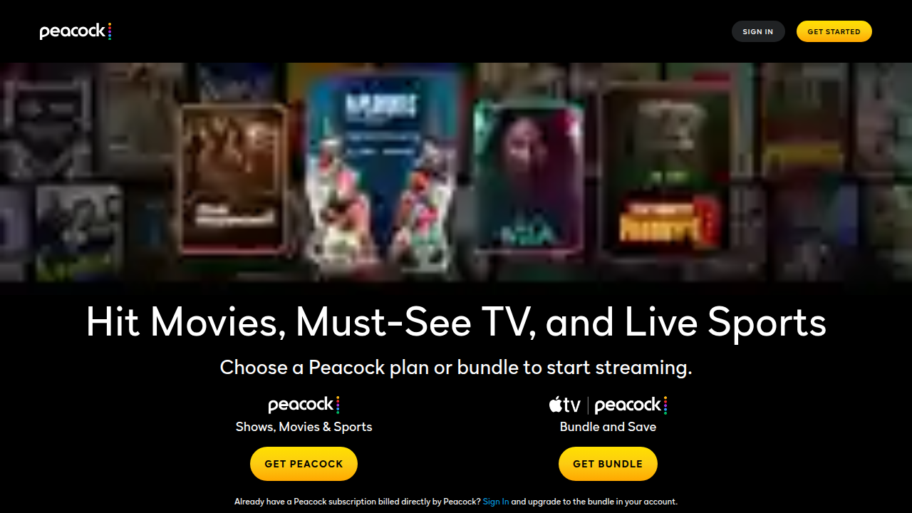The official homepage of Peacock TV, showcasing its offerings including free tiers and premium content available through trials.