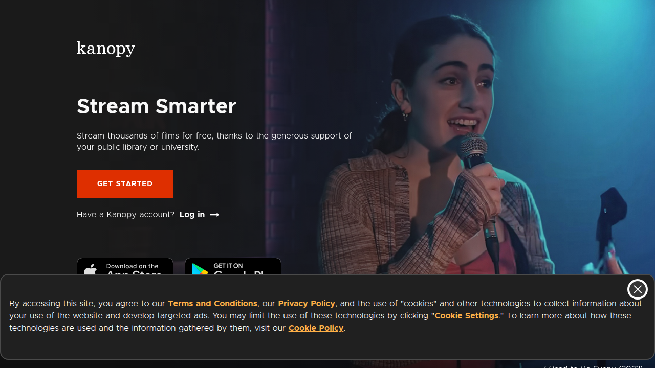 The official homepage of Kanopy, a platform allowing library cardholders to stream curated collections of films, including sci-fi, for free.