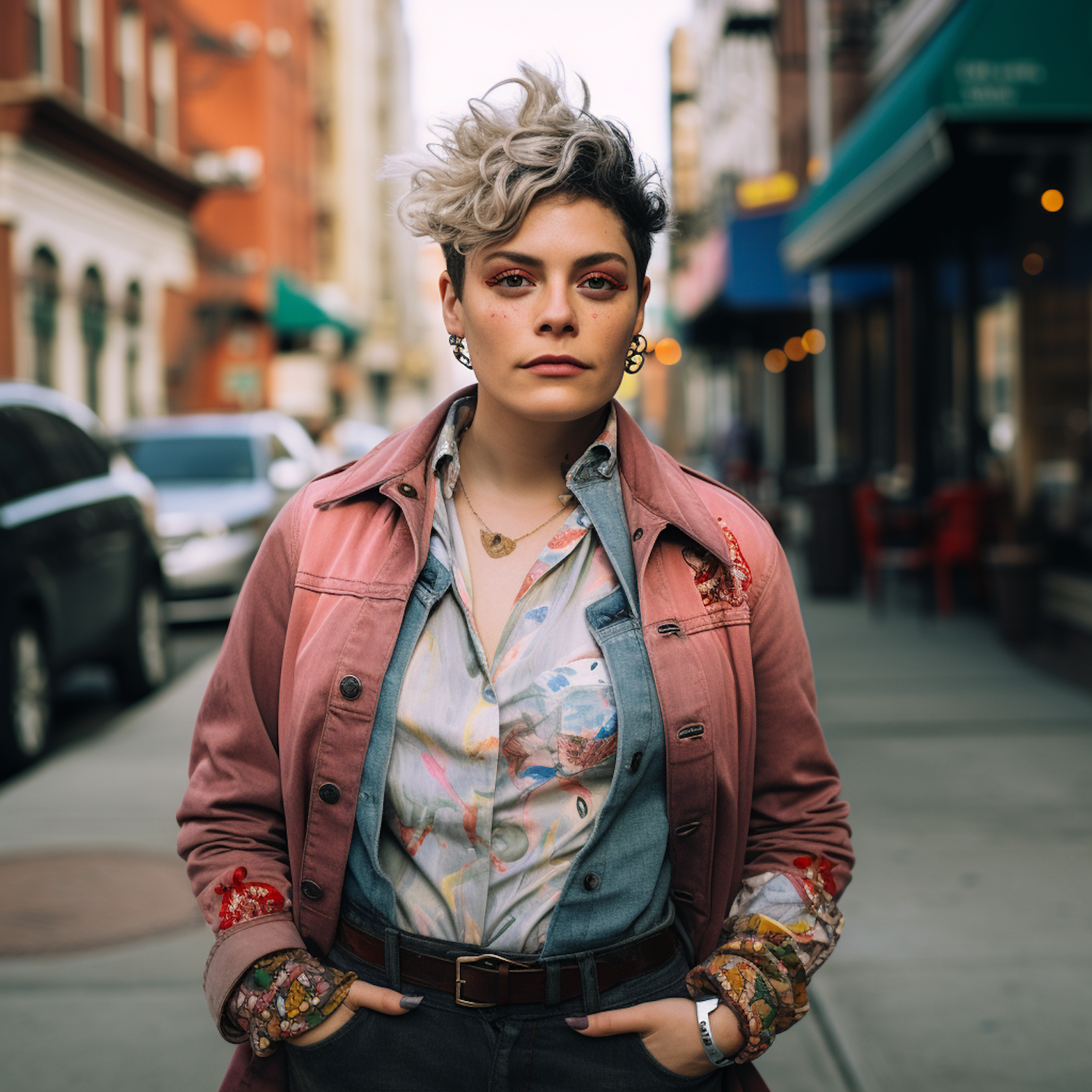 A woman with a unique, expressive fashion sense navigating a bustling city street, reminiscent of Annie Hall's iconic style and personality.