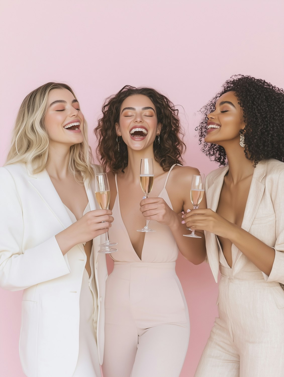 Three diverse women celebrating a shared success with joy and camaraderie, reflecting themes of empowerment and collaboration seen in 'The First Wives Club'.