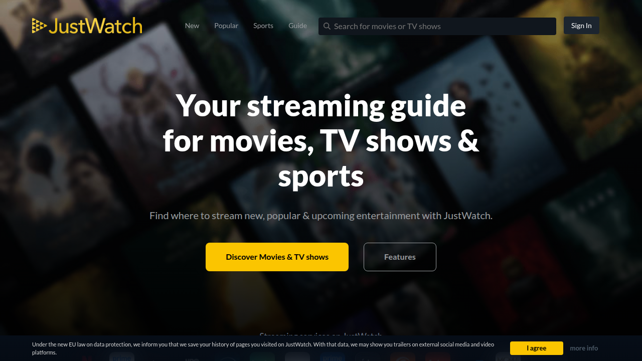 The homepage of JustWatch, a popular streaming search engine that helps users find where movies and TV shows are available.