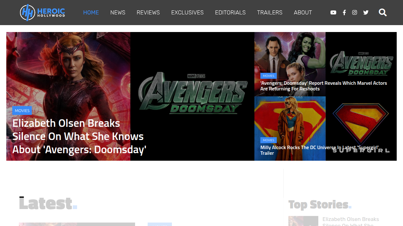 A screenshot of the Heroic Hollywood website homepage, a source for news and articles on pop culture and film.