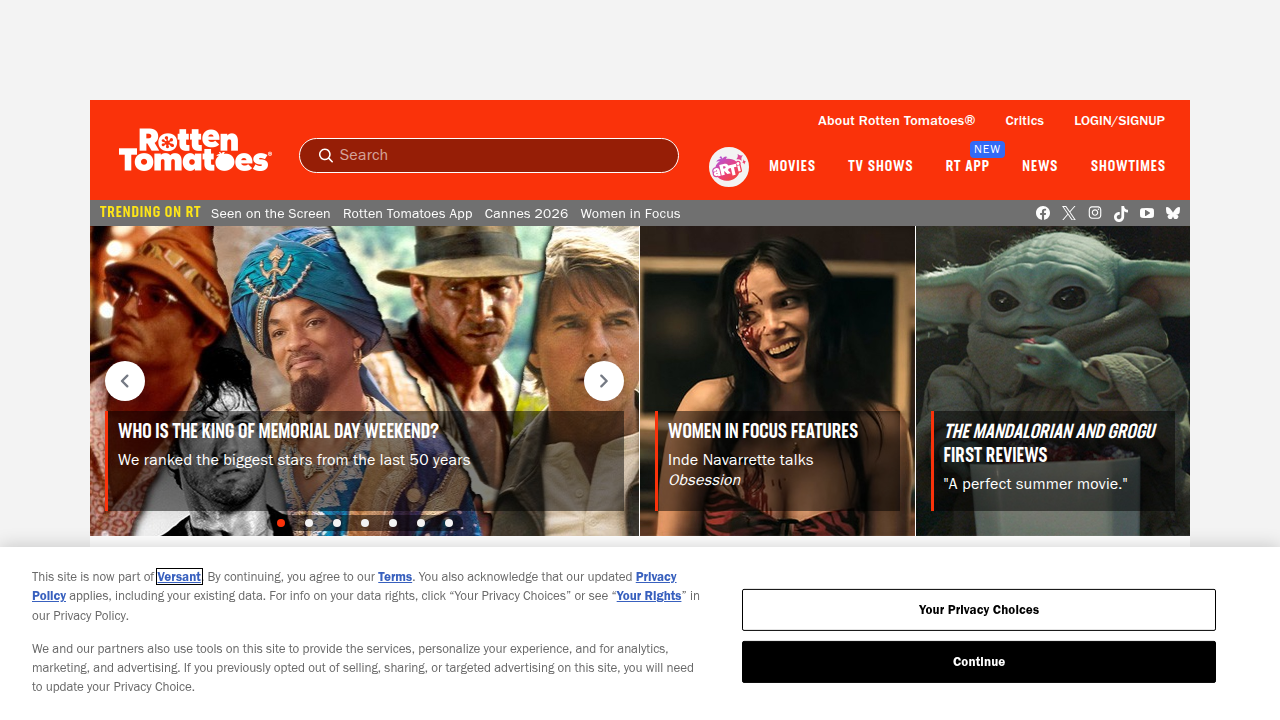 The homepage of Rotten Tomatoes, a popular film review aggregation website.