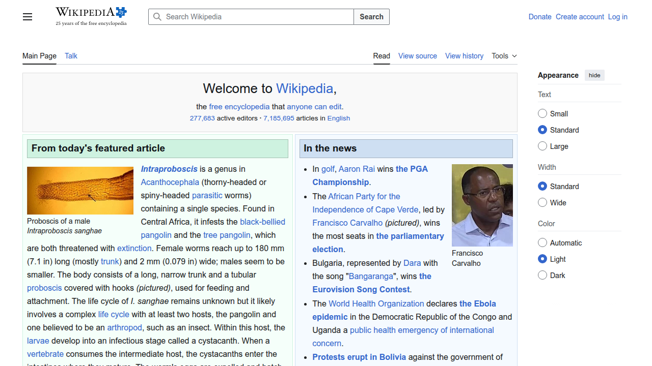 The homepage of Wikipedia, a free online encyclopedia.