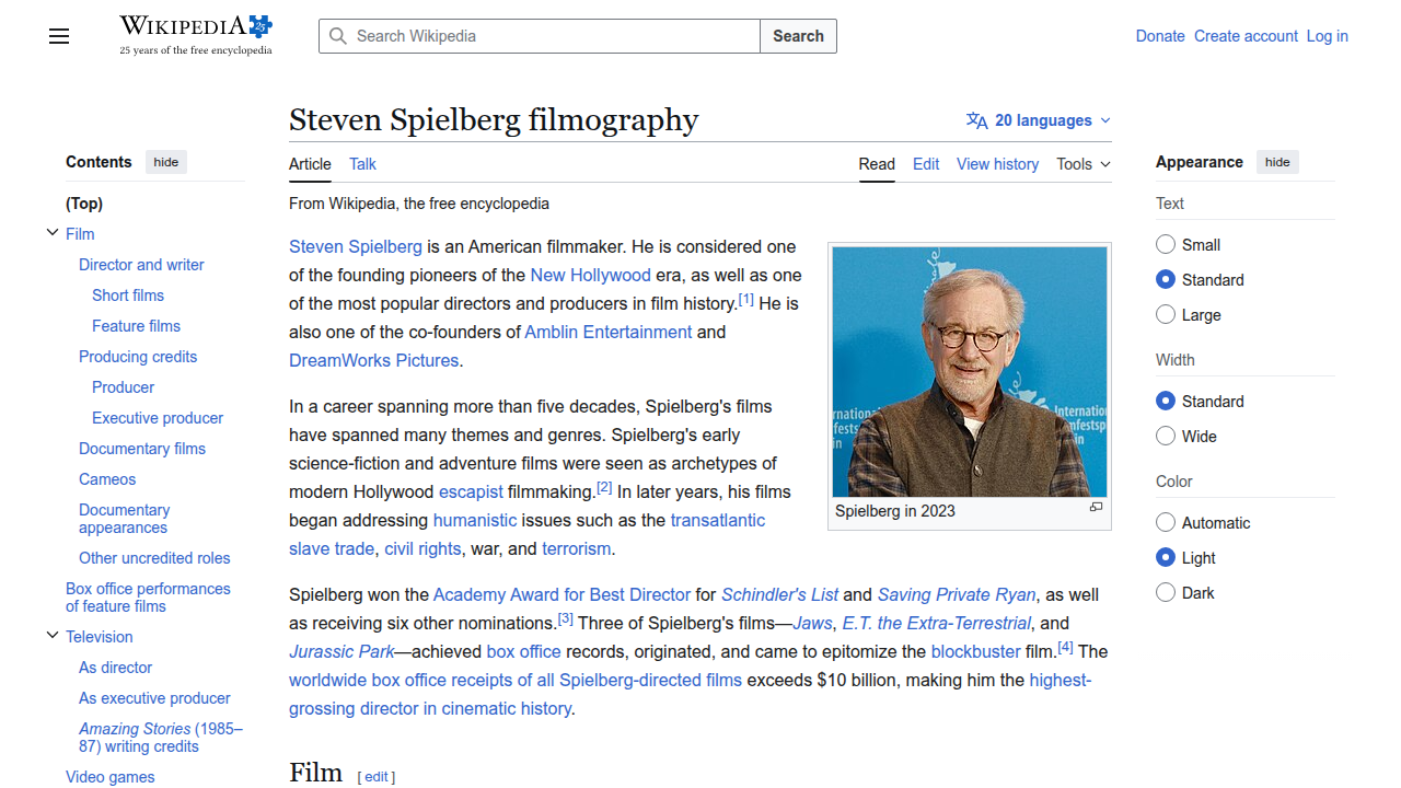 The extensive filmography page for Steven Spielberg on Wikipedia, detailing his directorial and producing credits, reflecting his vast impact on cinema.