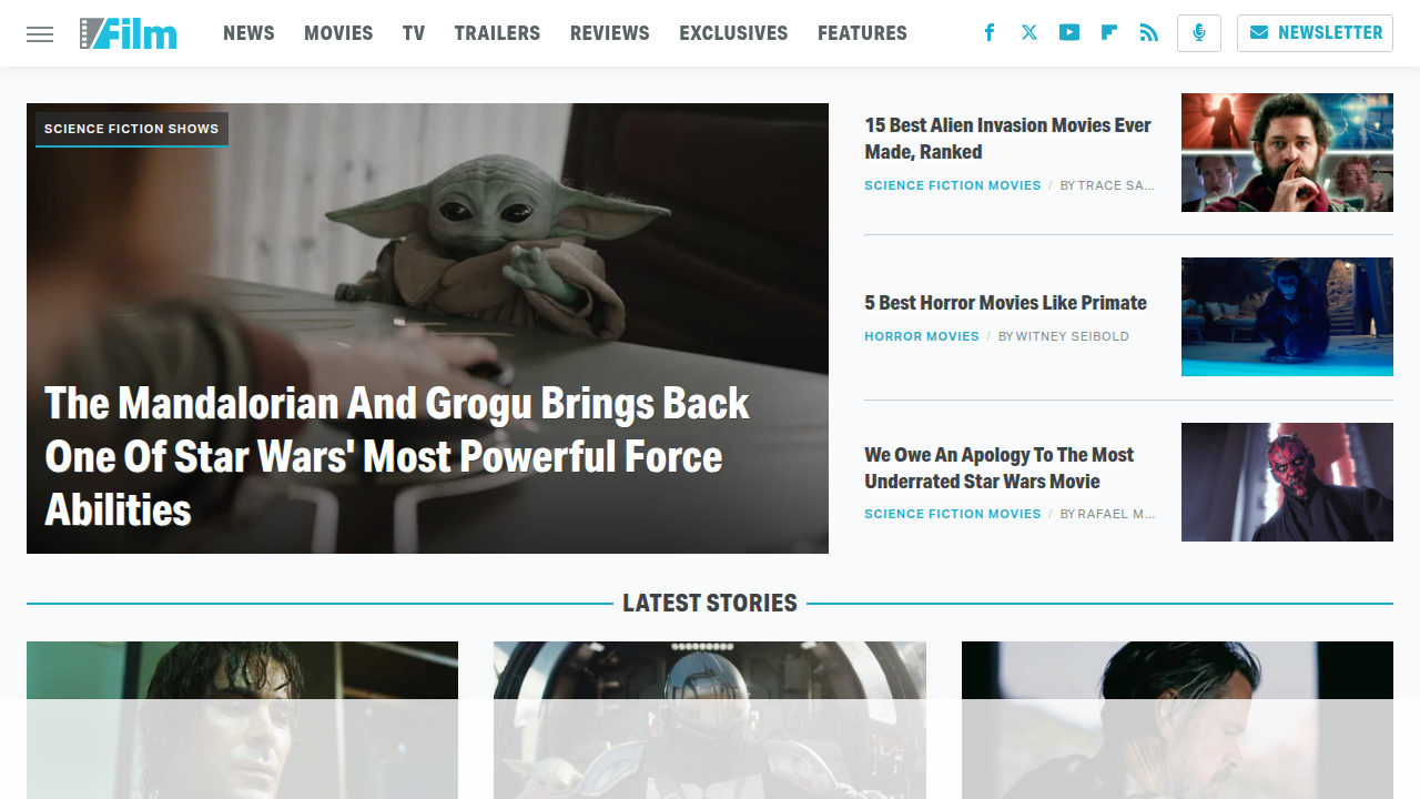The homepage of SlashFilm, a popular online publication for movie news, reviews, and detailed film rankings, often featuring sci-fi content.