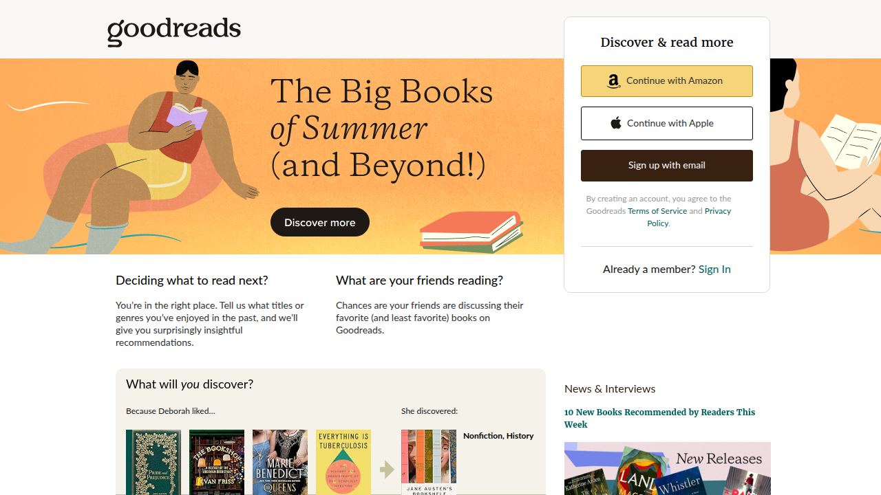 Explore the Goodreads homepage, a vast resource for book discovery and community engagement.