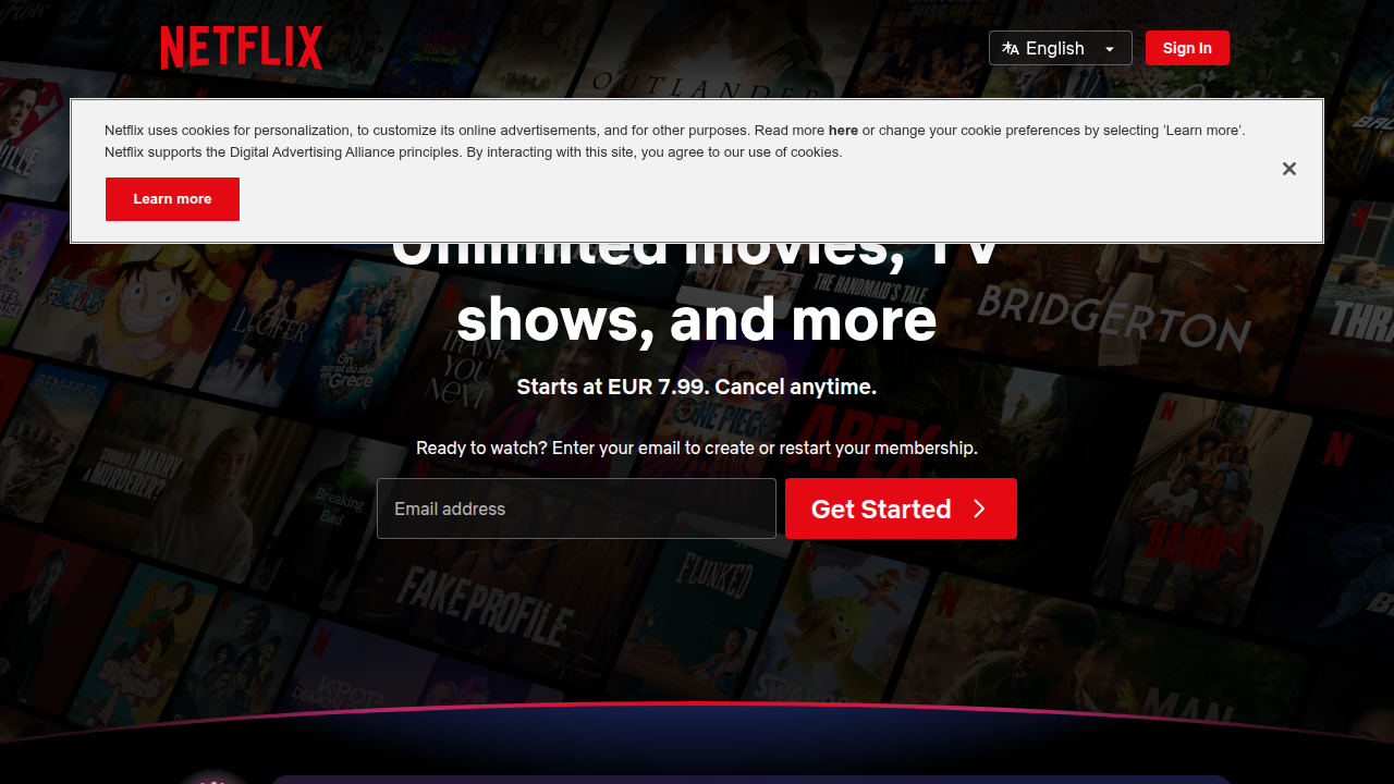 The Netflix homepage, representing a major streaming platform that hosts vast movie libraries.